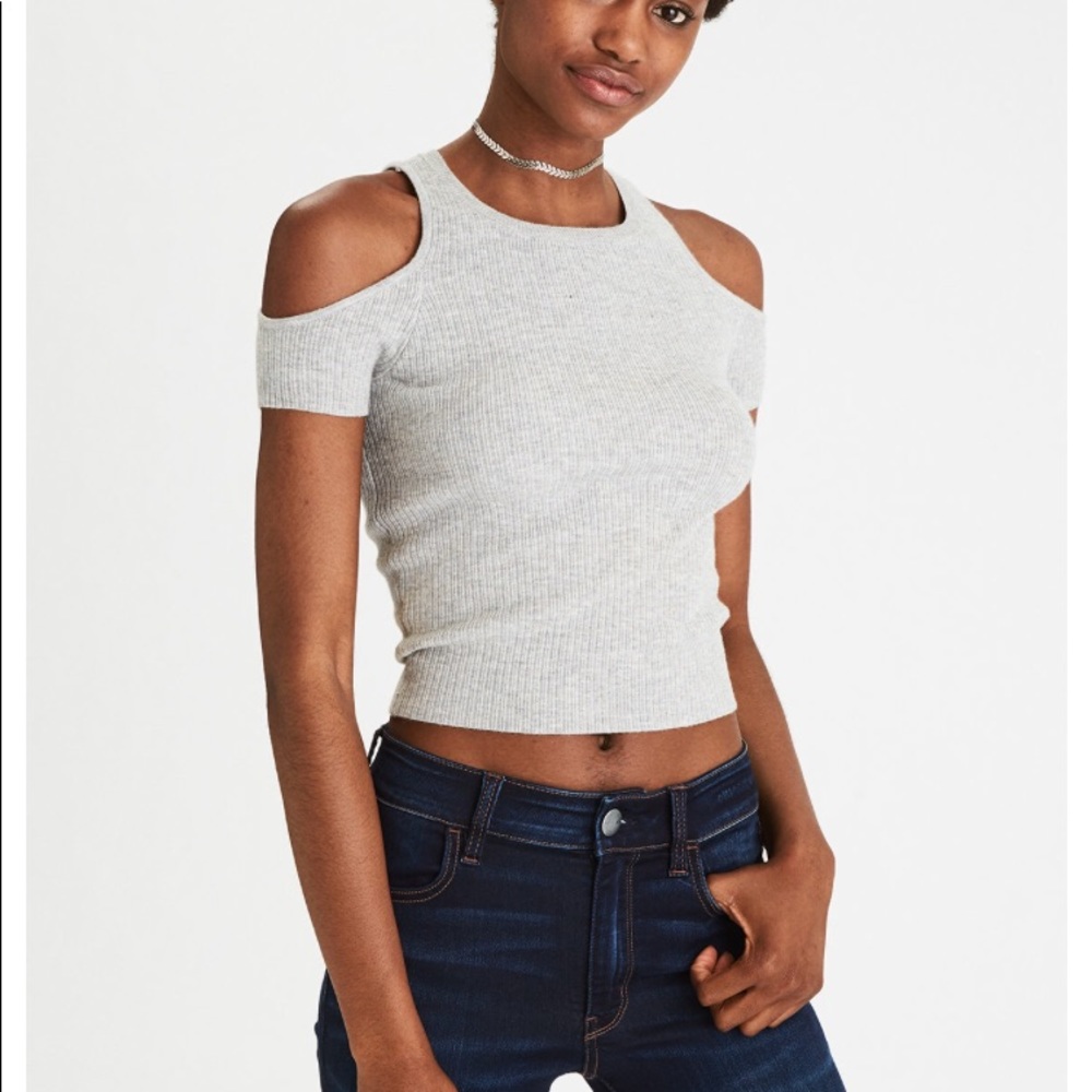 AEO cold shoulder open-back crop sweater